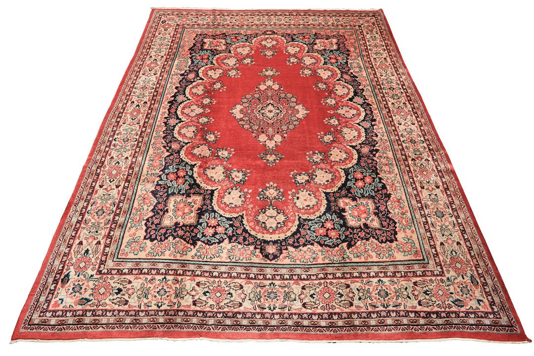10x14 Coral, Ivory, Blush Color Hand Knotted Sarouk Wool Traditional Oriental Rug