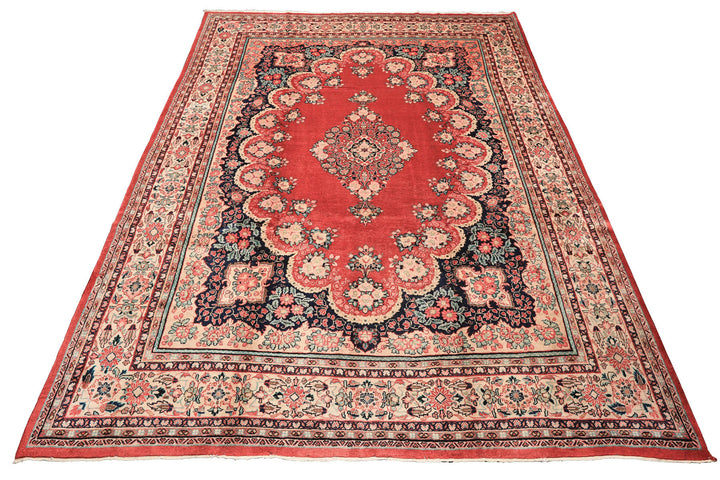 10x14 Coral, Ivory, Blush Color Hand Knotted Sarouk Wool Traditional Oriental Rug