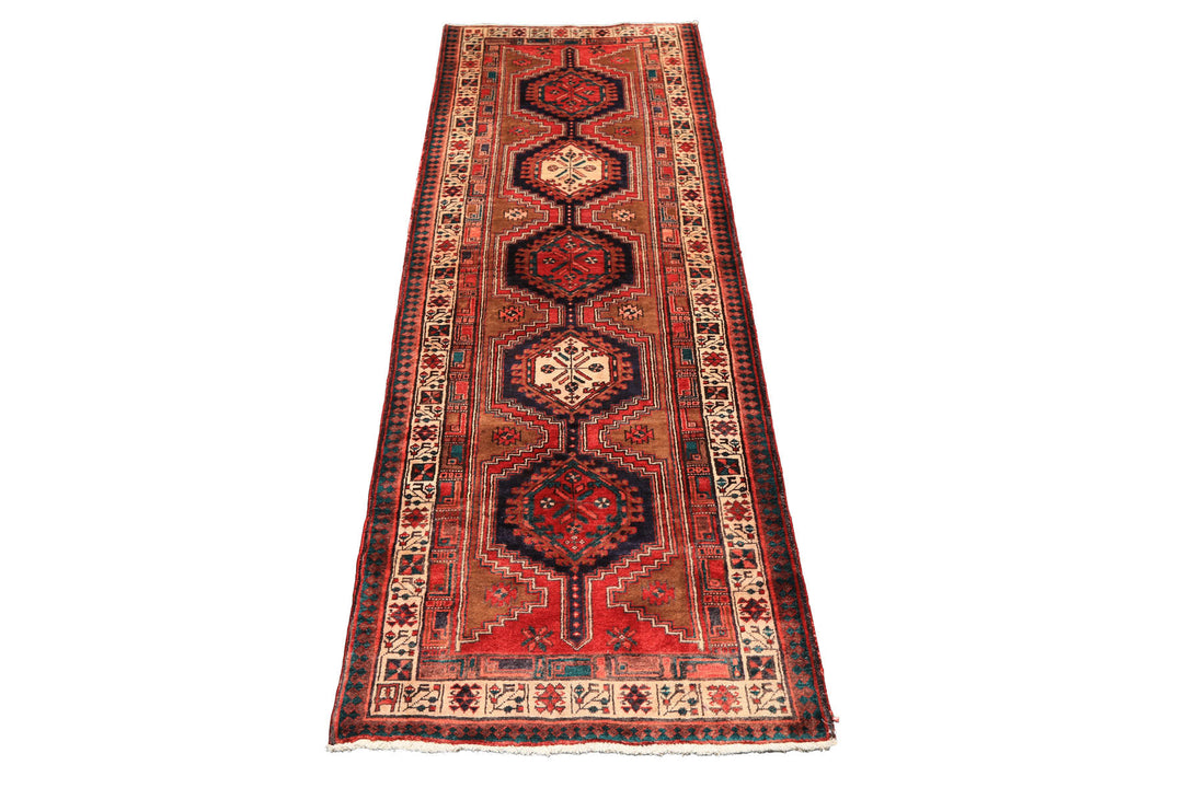 Runner Navy, Brown, Ivory Color Hand Knotted Hamadan Wool Traditional Oriental Rug