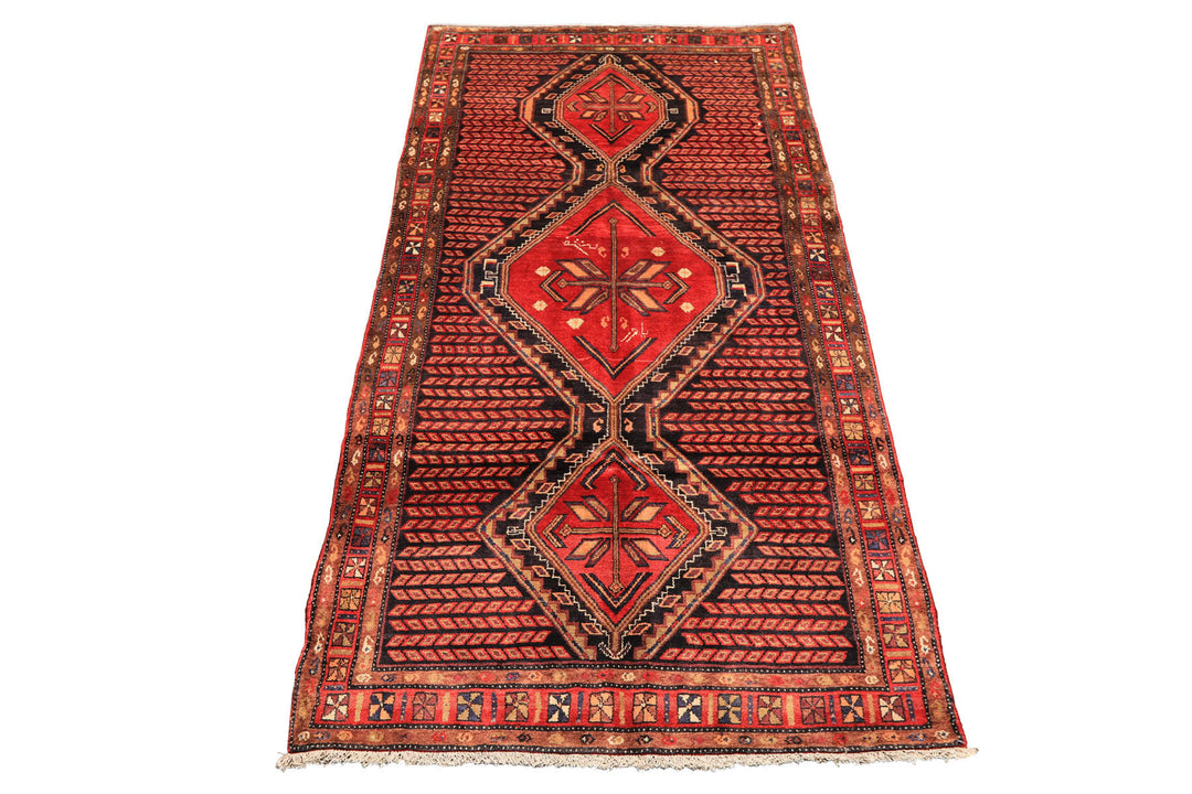 Runner Red, Charcoal, Brown Color Hand Knotted Hamadan Wool Traditional Oriental Rug