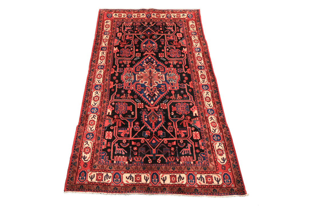 Runner Black, Red, Ivory Color Hand Knotted Heriz Wool Traditional Oriental Rug