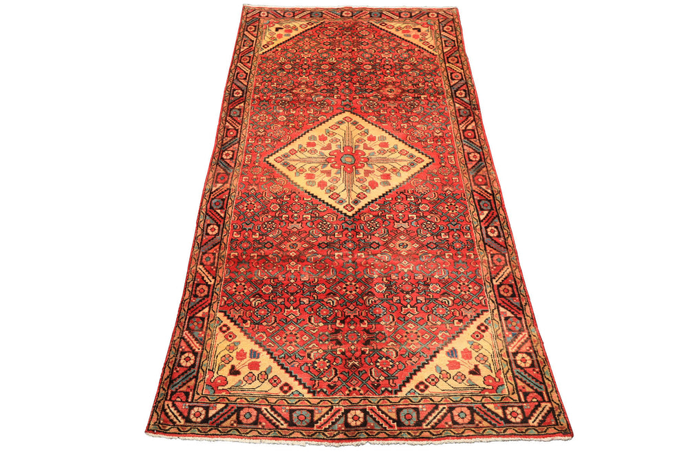 Runner Rust, Coral, Ivory Color Hand Knotted Hamadan Wool Traditional Oriental Rug