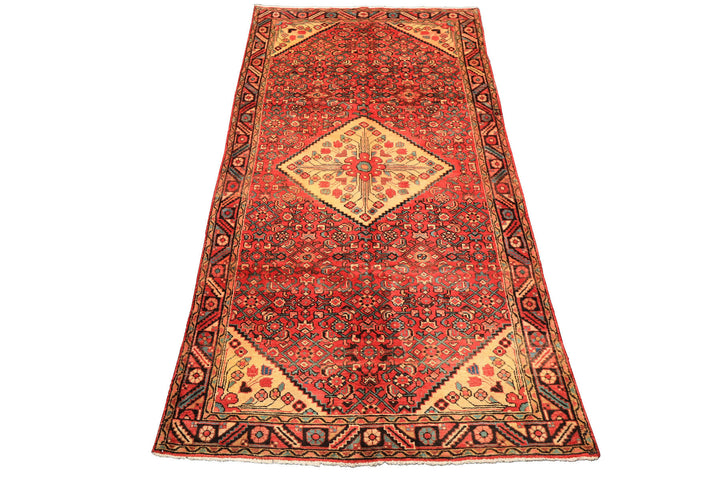 Runner Rust, Coral, Ivory Color Hand Knotted Hamadan Wool Traditional Oriental Rug
