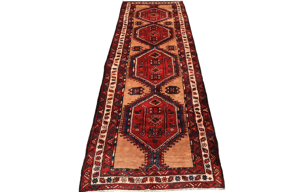Runner Burgundy, Camel, Ivory Color Hand Knotted Kurdish Bidjar Wool Traditional Oriental Rug