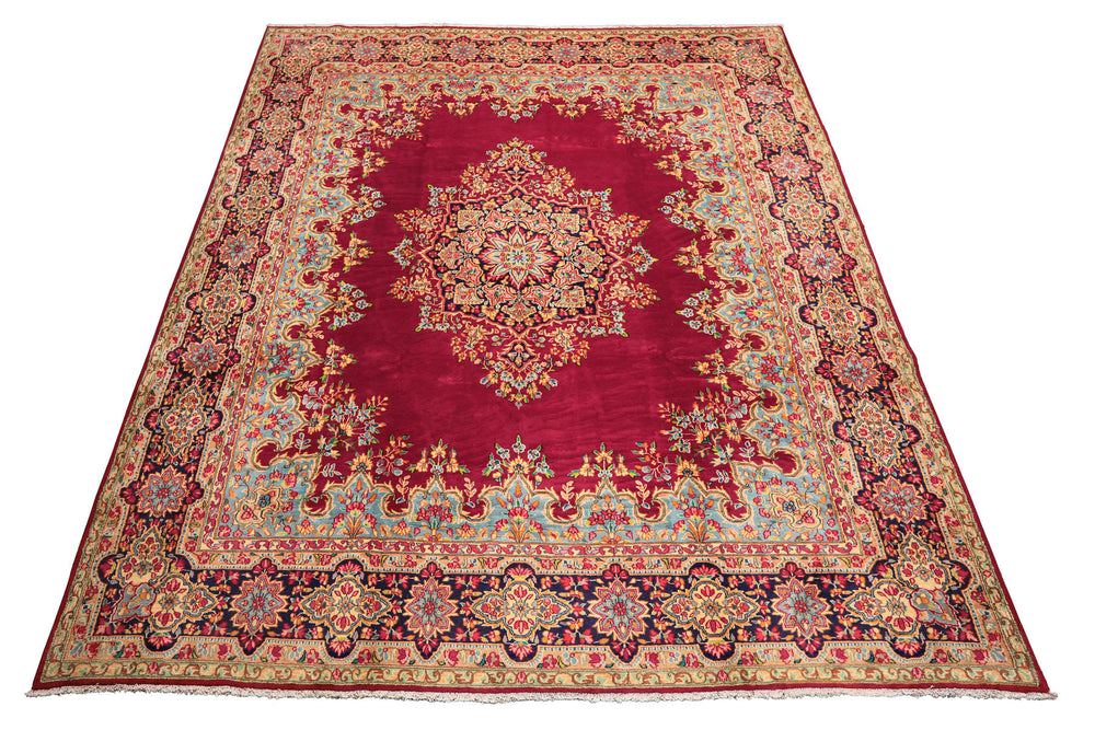 9x12 Fuschia, Aqua, Navy Color Hand Knotted Kerman Wool Traditional Oriental Rug