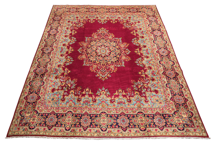 9x12 Fuschia, Aqua, Navy Color Hand Knotted Kerman Wool Traditional Oriental Rug