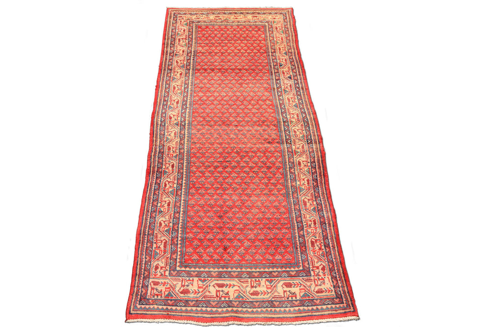 Runner Coral, Ivory, Aqua Color Hand Knotted Kurdish Bidjar Herati Wool Traditional Oriental Rug