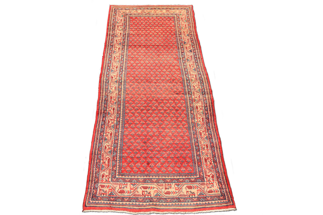 Runner Coral, Ivory, Aqua Color Hand Knotted Kurdish Bidjar Herati Wool Traditional Oriental Rug
