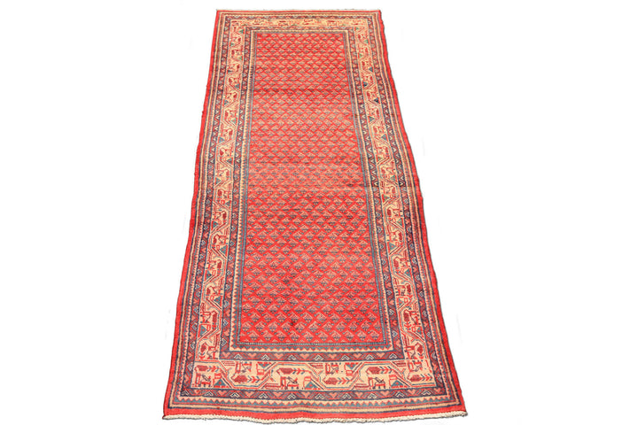 Runner Coral, Ivory, Aqua Color Hand Knotted Kurdish Bidjar Herati Wool Traditional Oriental Rug