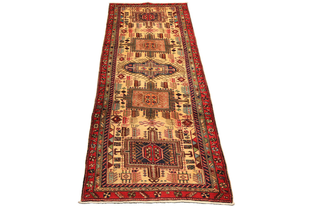 Runner Light Gold, Coral, Navy Color Hand Knotted Kurdish Hamadan Wool Traditional Oriental Rug