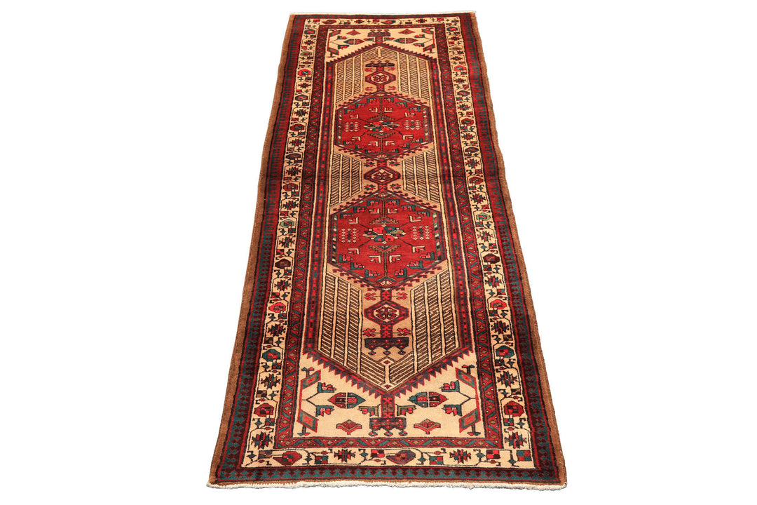Runner Rusty Red, Tan, Ivory Color Hand Knotted Kurdish Hamadan Wool Traditional Oriental Rug