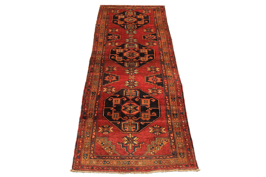 Runner Rust, Gold, Charcoal Color Hand Knotted Kurdish Hamadan Wool Traditional Oriental Rug
