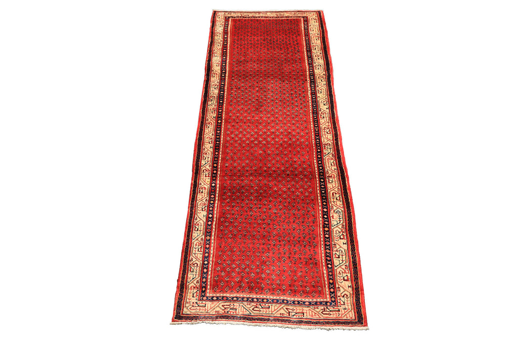 Runner Red, Ivory, Navy Color Hand Knotted Kurdish Bidjar Herati Wool Traditional Oriental Rug