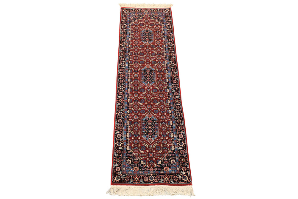2'6x8 Red, Midnight Blue, Ivory Color Hand Knotted Indo Tabriz Wool Traditional Oriental Rug