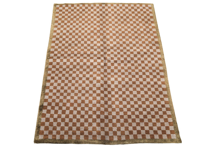 5x7 Gray, Brown, Sage Color Hand Knotted Tibetan Wool &amp; Silk Moden &amp; Contemporary Oriental Rug