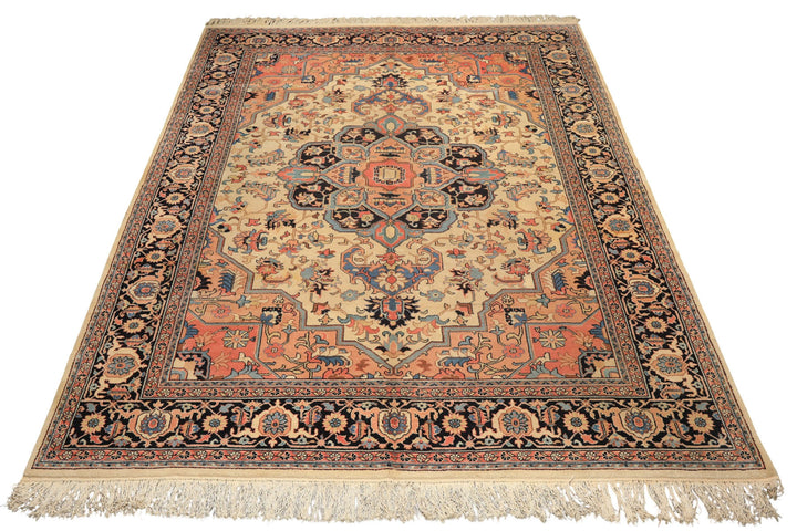 9x12 Ivory, Charcoal, Peach Color Hand Knotted Serapi Wool Traditional Oriental Rug
