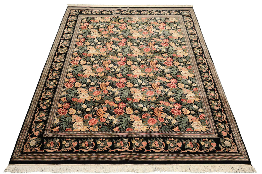 9x12 Black, Ivory, Rose Color Hand Knotted Pak Persian Wool &amp; Silk Traditional Oriental Rug