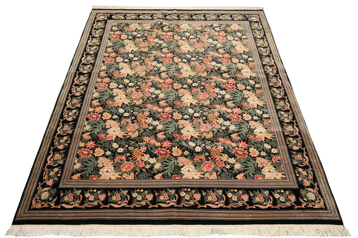 9x12 Black, Ivory, Rose Color Hand Knotted Pak Persian Wool &amp; Silk Traditional Oriental Rug