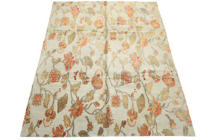 8x10 Aqua, Burnt Orange, Gold Color Hand Knotted Tibetan Wool &amp; Pure Silk Traditional Oriental Rug