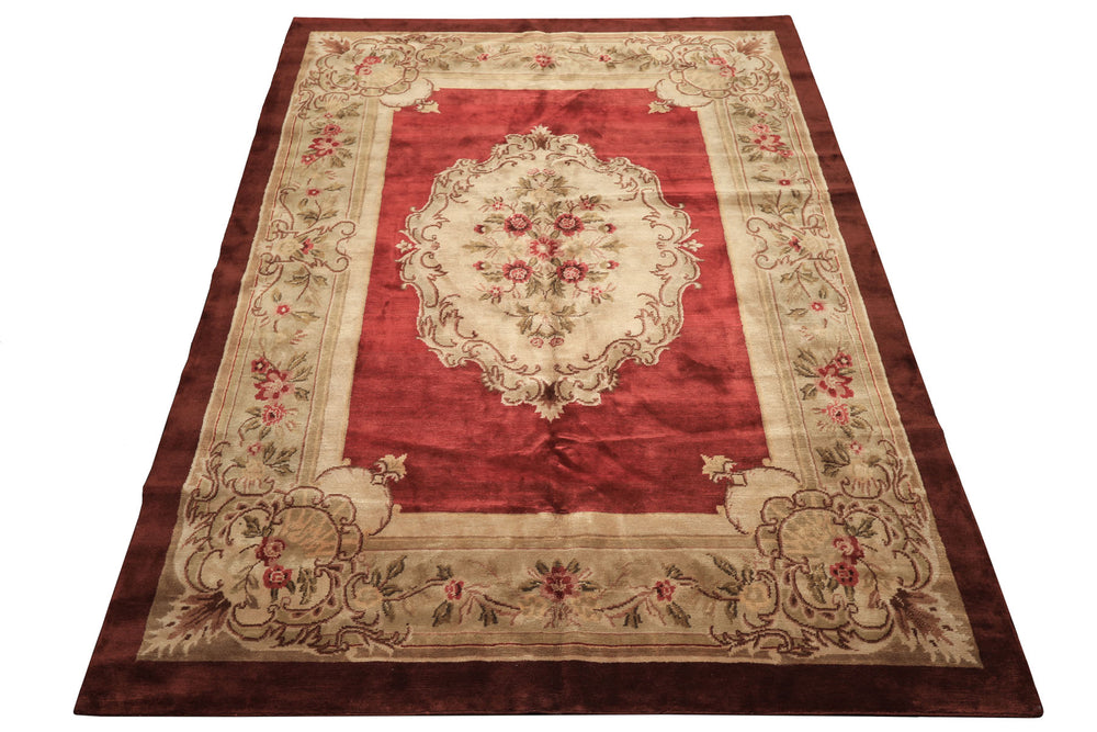 8x11 Burgundy, Sage, Brown Color Hand Knotted French Aubusson Savonerrie Wool Traditional Oriental Rug