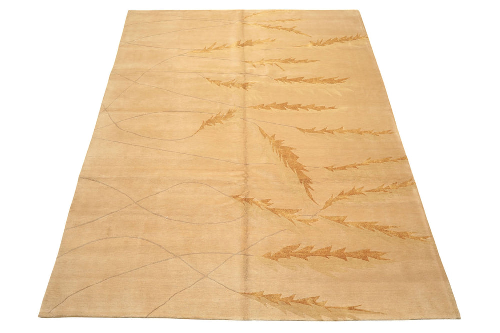 8x10 Tan, Gold, Gray Color Hand Knotted Tibetan Wool & Pure Silk Transitional Oriental Rug