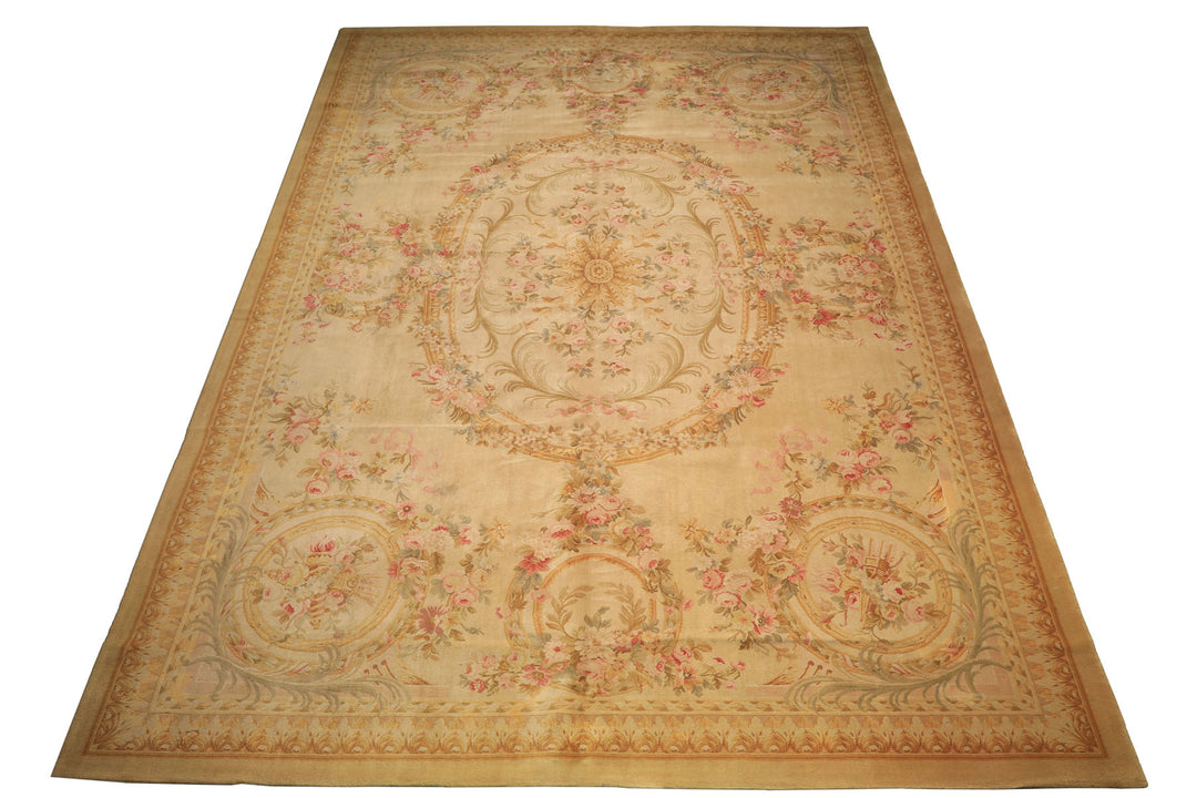 Oversize Beige, Tan, Gold Color Hand Knotted French Aubusson Savonerrie Wool Traditional Oriental Rug