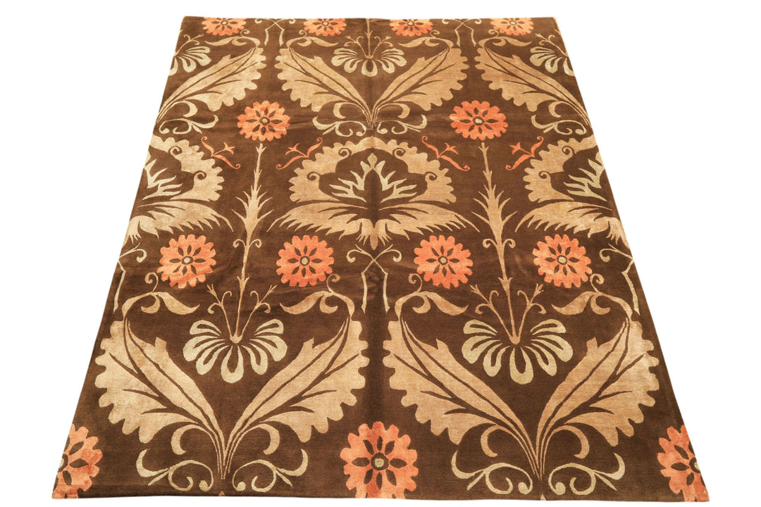 8x10 Brown, Tan, Peach Color Hand Knotted Tibetan Wool &amp; Pure Silk Traditional Oriental Rug