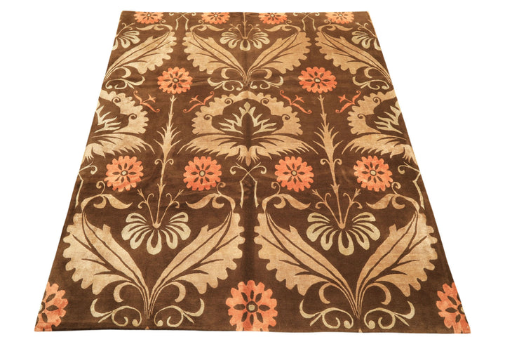 8x10 Brown, Tan, Peach Color Hand Knotted Tibetan Wool &amp; Pure Silk Traditional Oriental Rug