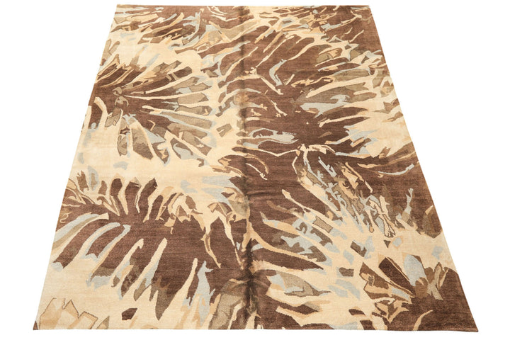 8x10 Brown, Beige, Blue Color Hand Knotted Tibetan Wool &amp; Pure Silk Modern &amp; Contemporay Oriental Rug