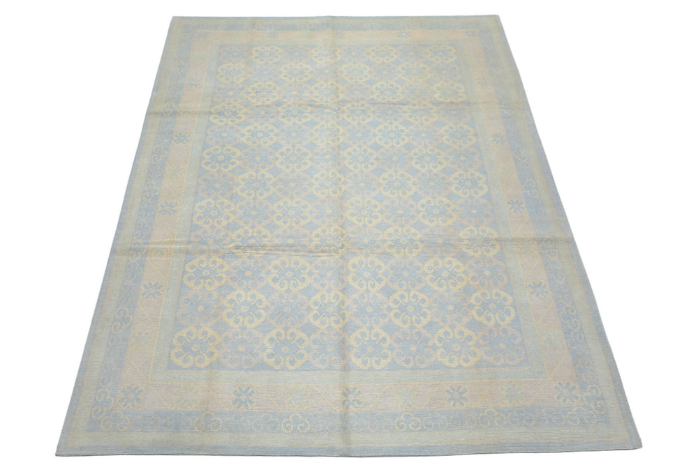 8x10 Blue, Ivory, Seafoam Color Hand Knotted Tibetan Wool Transitional Oriental Rug