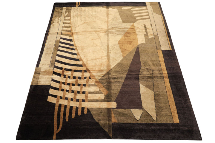 8x10 Charcoal, Olive, Green Color Hand Knotted Tibetan Wool &amp; Pure Silk  Oriental Rug