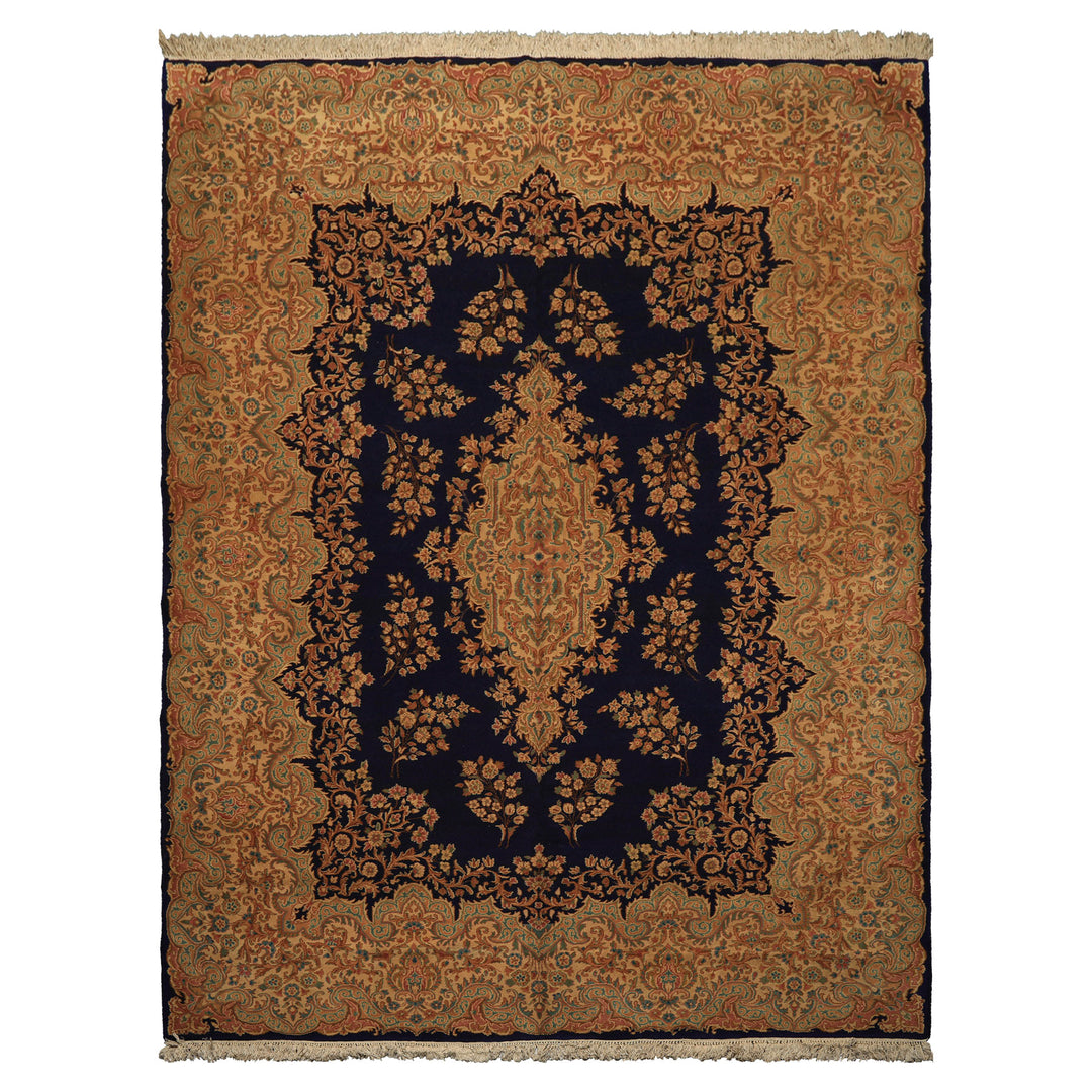 9x12 Navy, Gold, Turquoise Color Hand Knotted Kerman Wool Traditional Oriental Rug