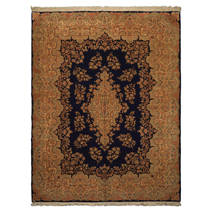 9x12 Navy, Gold, Turquoise Color Hand Knotted Kerman Wool Traditional Oriental Rug