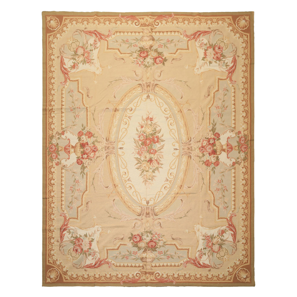 8x10 Tan, Ivory, Green Color Hand Woven French Aubusson Needlepoint Wool Traditional Oriental Rug