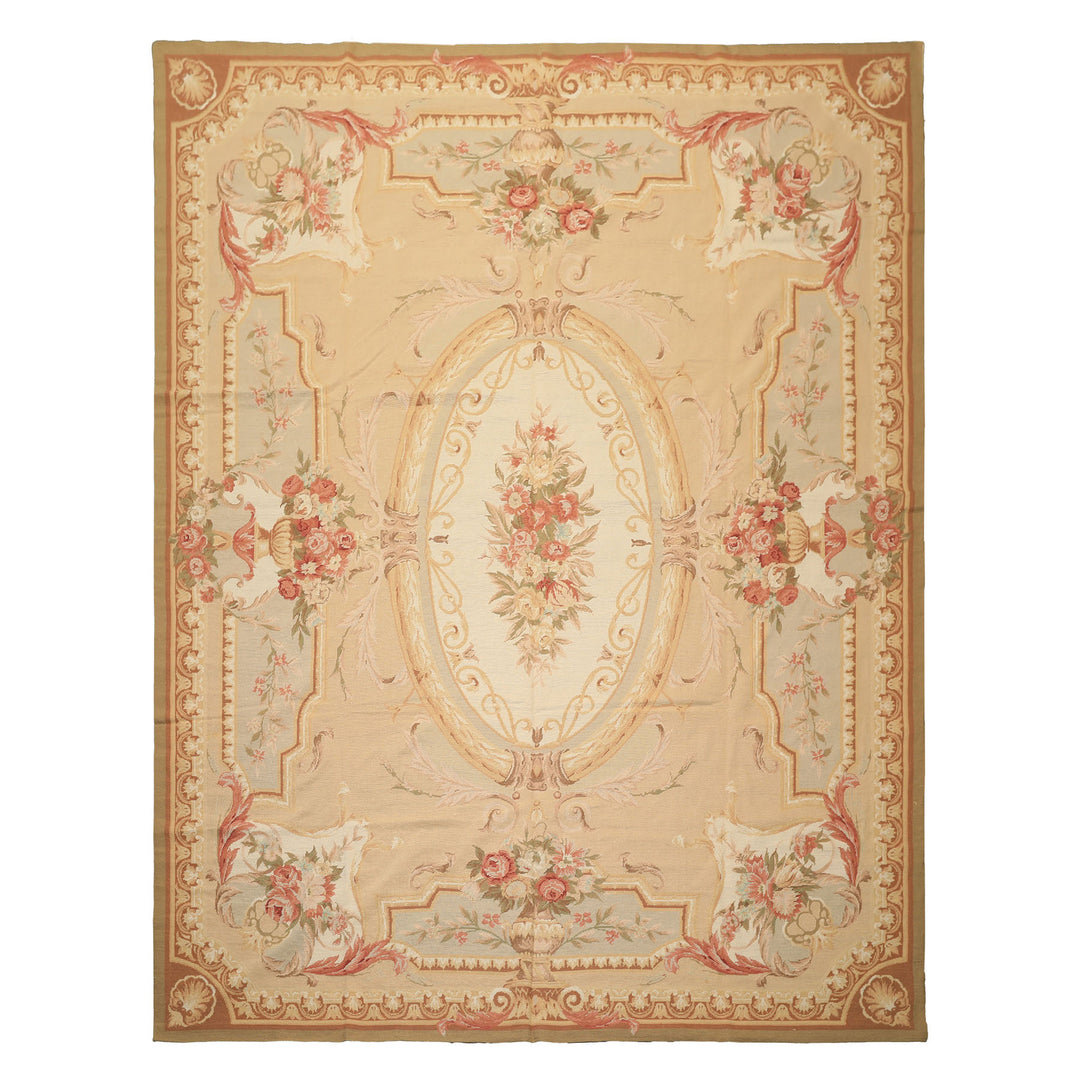 8x10 Tan, Ivory, Green Color Hand Woven French Aubusson Needlepoint Wool Traditional Oriental Rug