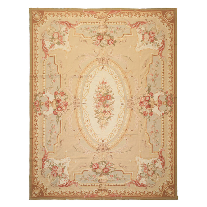 8x10 Tan, Ivory, Green Color Hand Woven French Aubusson Needlepoint Wool Traditional Oriental Rug