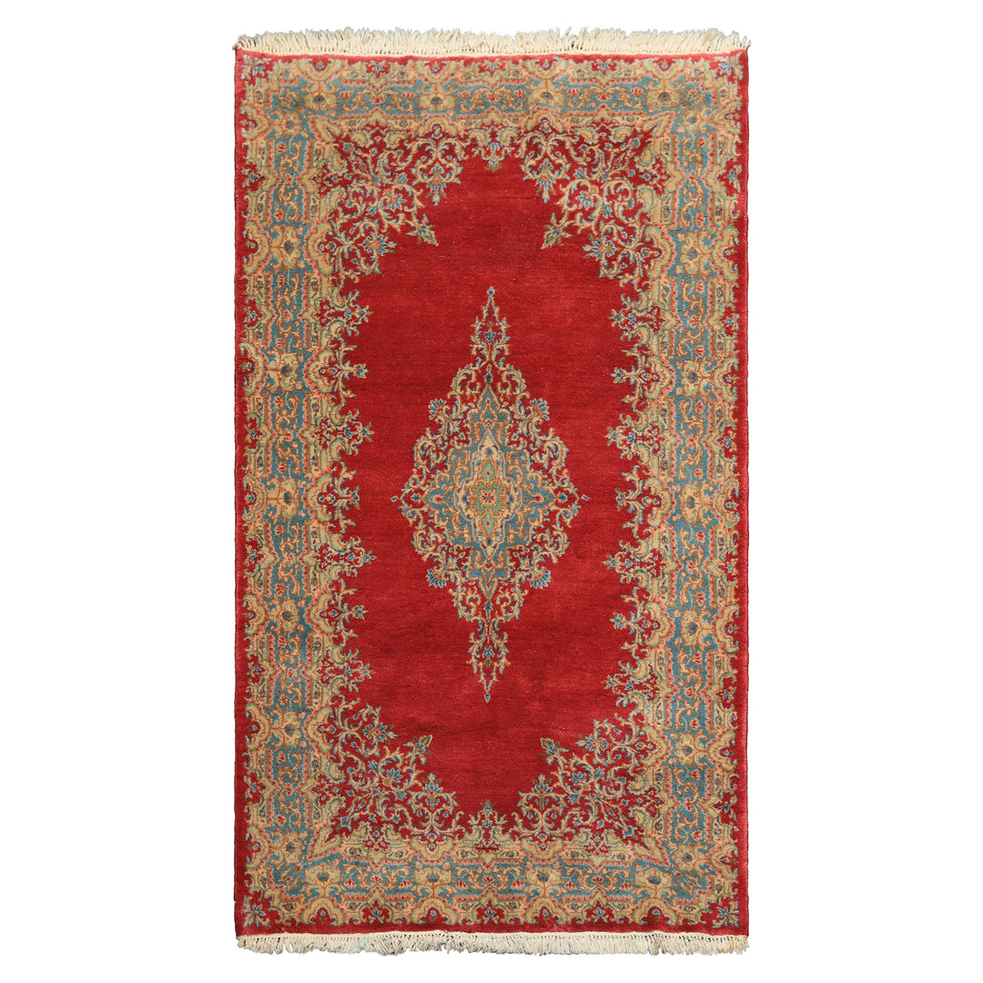 4x7 Coral, Aqua, Gold Color Hand Knotted Kerman Wool Traditional Oriental Rug