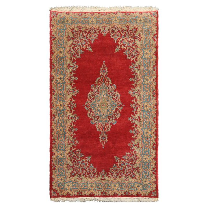 4x7 Coral, Aqua, Gold Color Hand Knotted Kerman Wool Traditional Oriental Rug