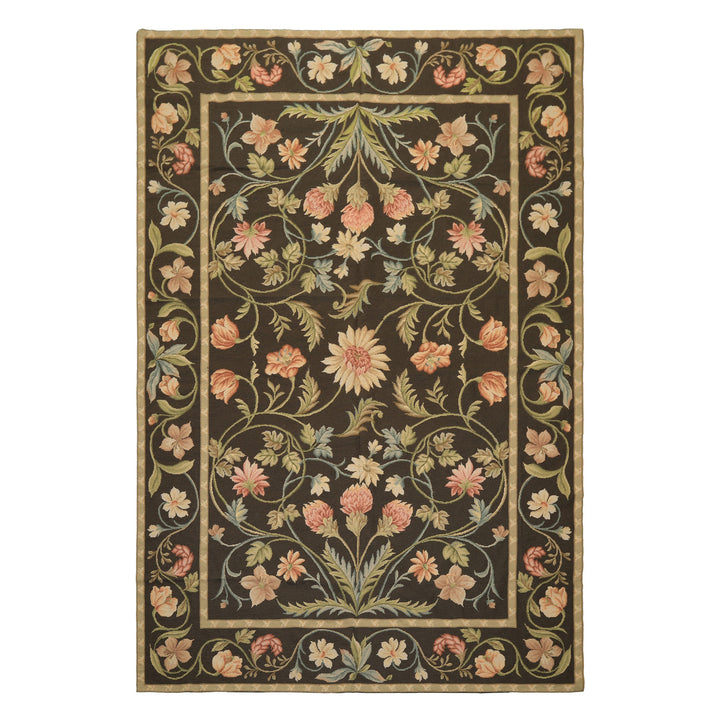 6x9 Brown, Green, Blush Color Hand Woven Needlepoint Wool Traditional Oriental Rug