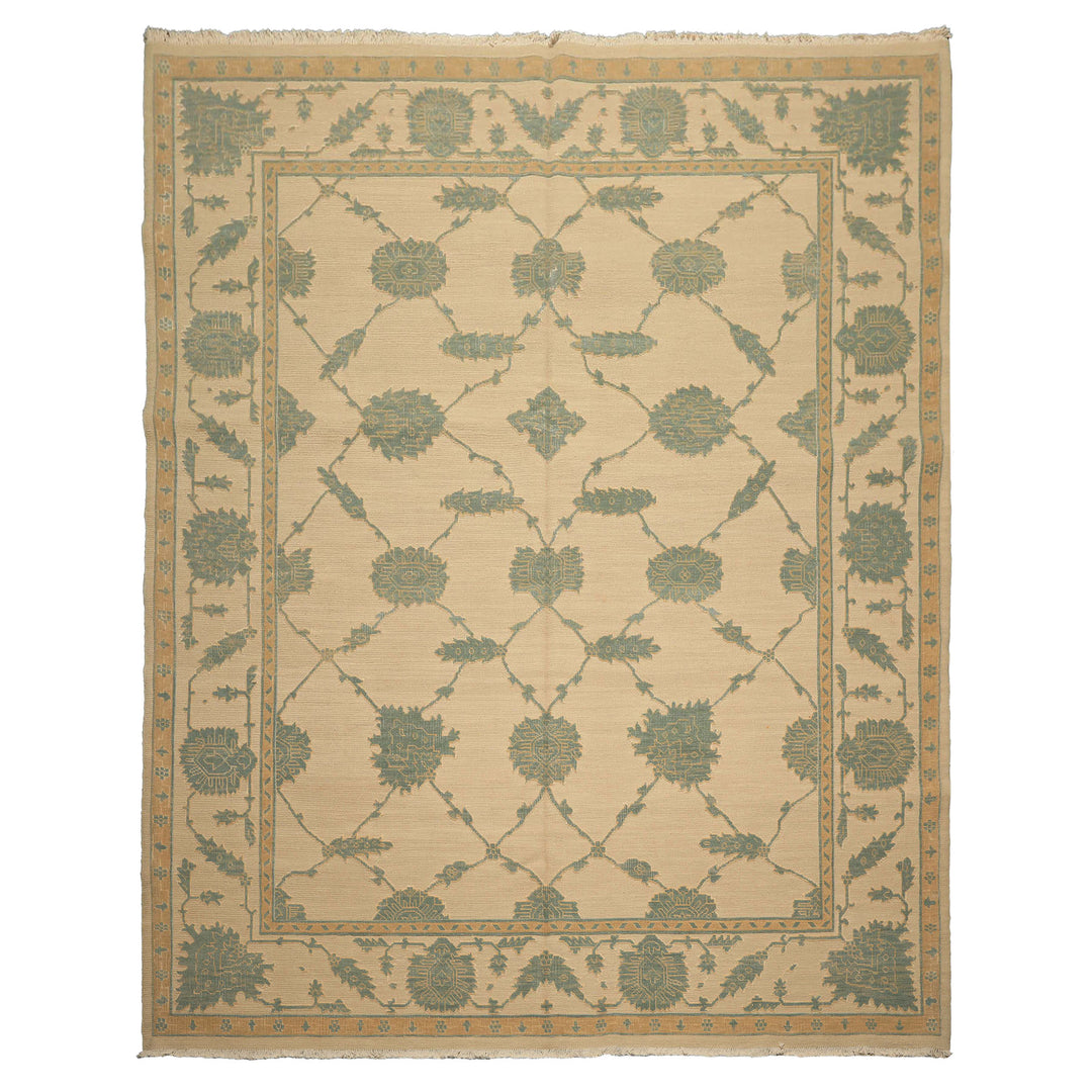 8x10 Ivory, Aqua, Light Gold Color Hand Knotted Nourison Nourmak Soumak Wool & Silk Transitional Oriental Rug