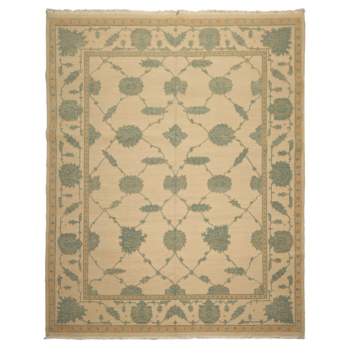8x10 Ivory, Aqua, Light Gold Color Hand Knotted Nourison Nourmak Soumak Wool & Silk Transitional Oriental Rug