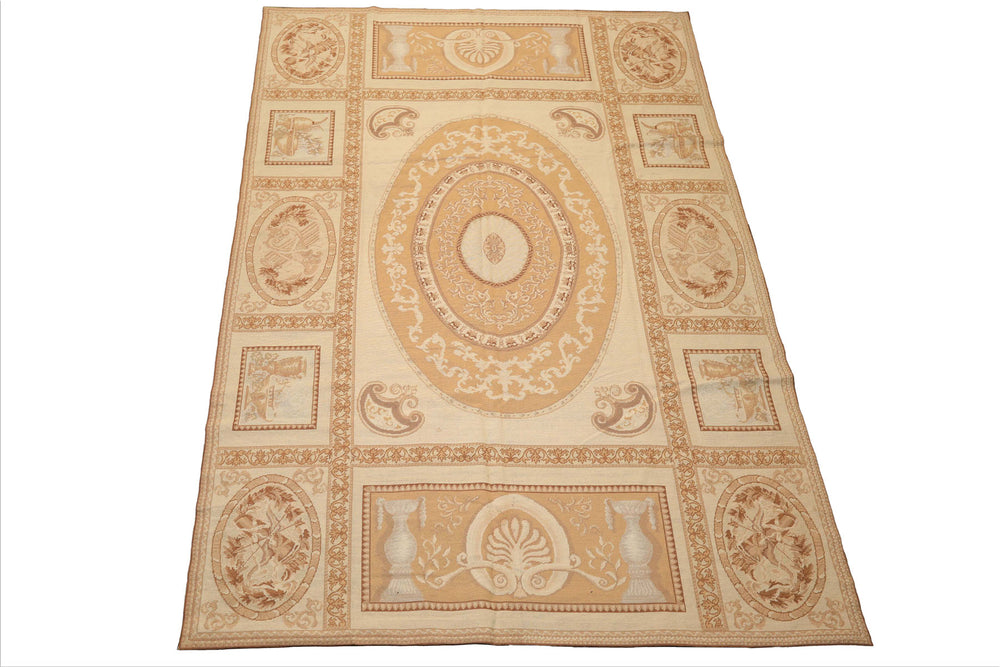 6x9 Beige, Tan, Brown Color Hand Woven Needlepoint Wool Traditional Oriental Rug