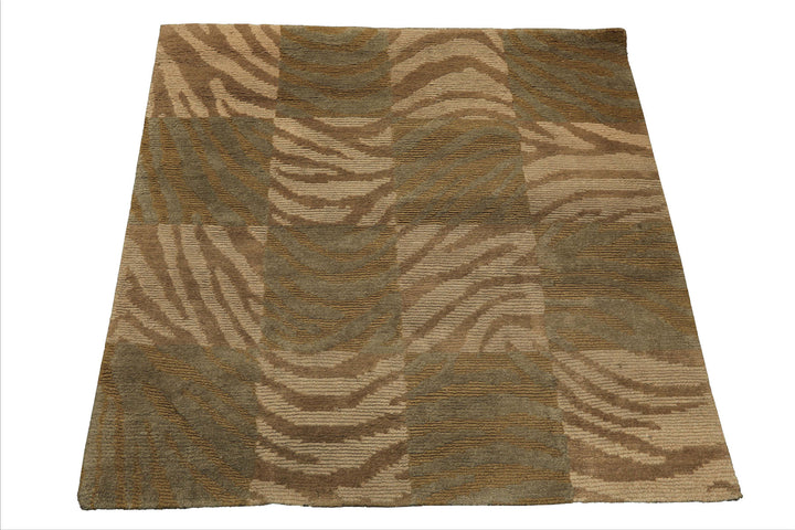 Square Tan, Brown, Beige Color Hand Knotted Tibetan Wool Modern & Contemporary Oriental Rug