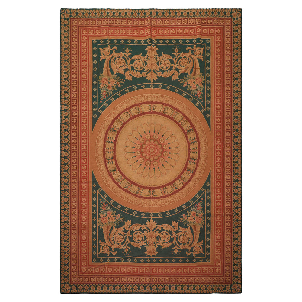 7x11 Teal, Tan, Brown Color Hand Woven French Needlepoint Wool Traditional Oriental Rug