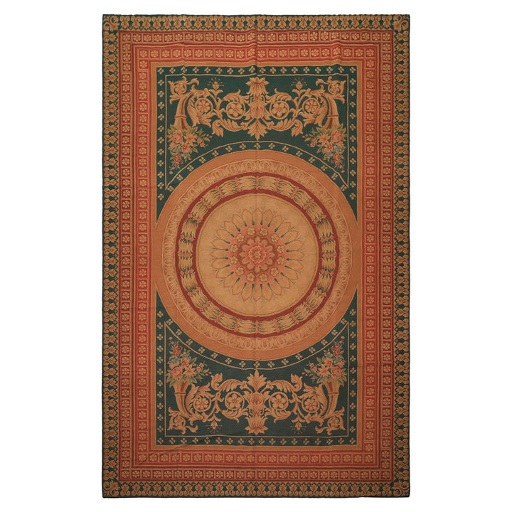 7x11 Teal, Tan, Brown Color Hand Woven French Needlepoint Wool Traditional Oriental Rug