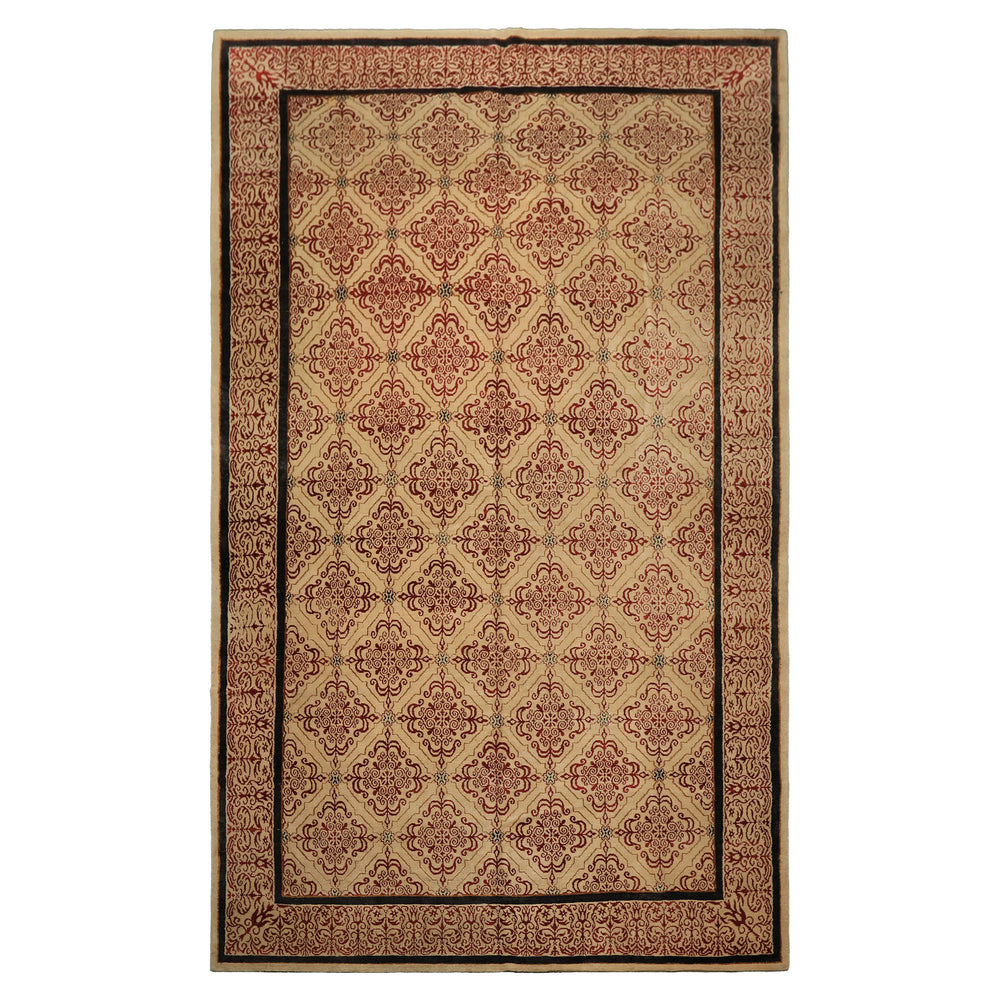 8x12 Beige, Burgundy, Charcoal Color Hand Knotted Tibetan Wool & Silk Transitional Oriental Rug
