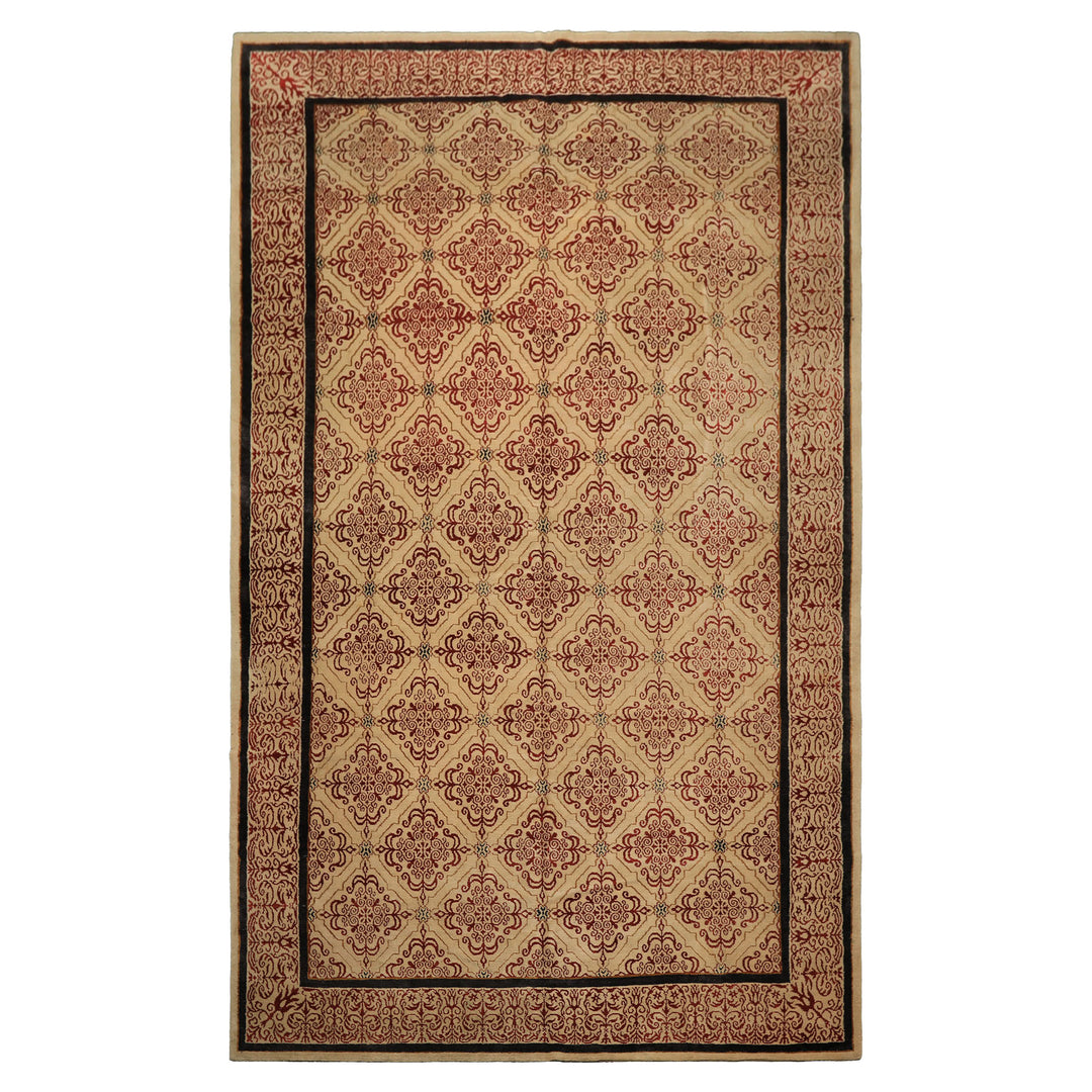 8x12 Beige, Burgundy, Charcoal Color Hand Knotted Tibetan Wool & Silk Transitional Oriental Rug