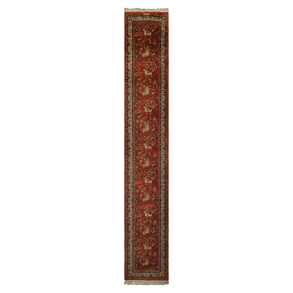 Runner Burnt Orange, Ivory, Navy Color Hand Knotted Kashan Wool Traditional Oriental Rug