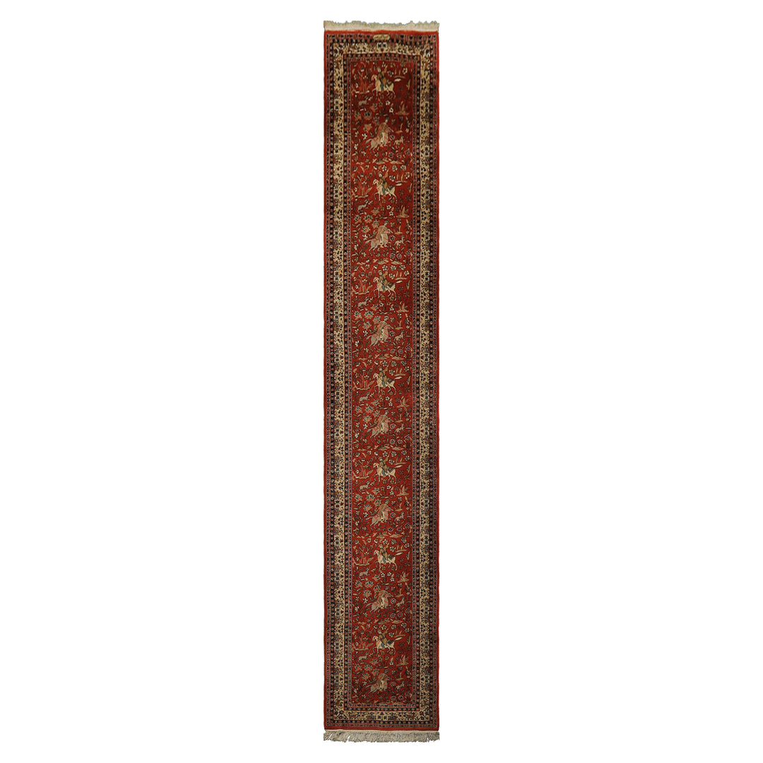 Runner Burnt Orange, Ivory, Navy Color Hand Knotted Kashan Wool Traditional Oriental Rug