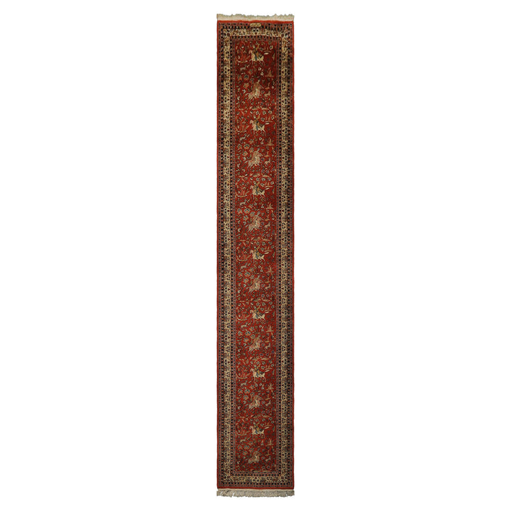 Runner Burnt Orange, Ivory, Navy Color Hand Knotted Kashan Wool Traditional Oriental Rug